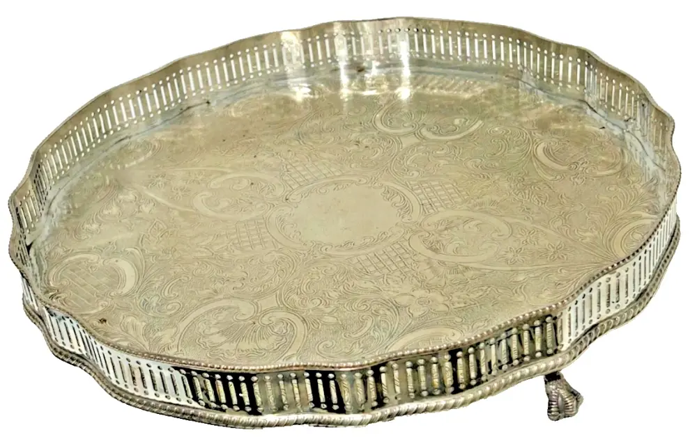 Antique Edwardian silver plated large fluted gallery glasses tray lion paw