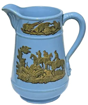 Antique Victorian Prattware ceramic jug hunting scene lozenge marke to base