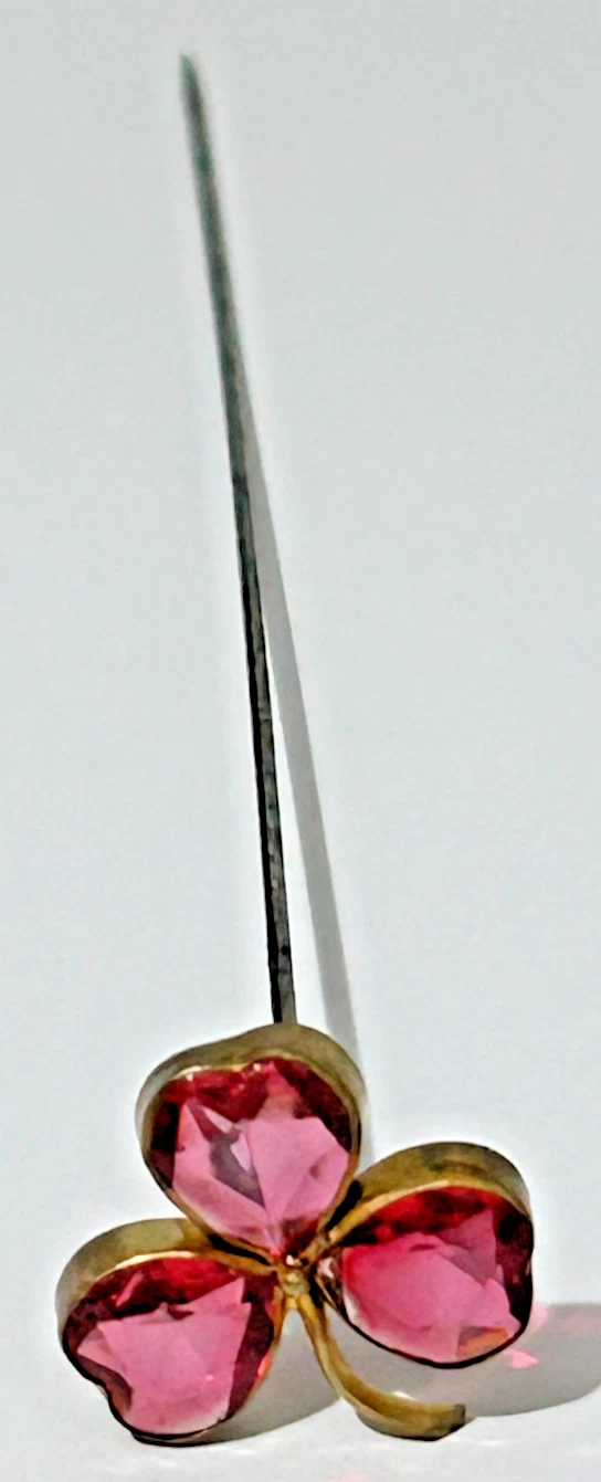 Antique Edwardian Gilded pink paste three leaf clover trefoil hat pin hatpi