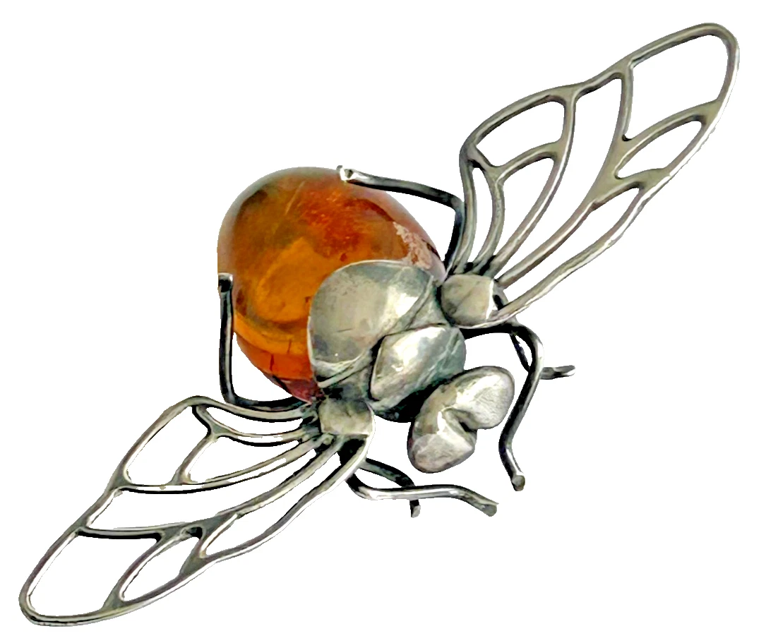 A Vintage sterling silver brooch pin Bumble Honey Bee Baltic Amber