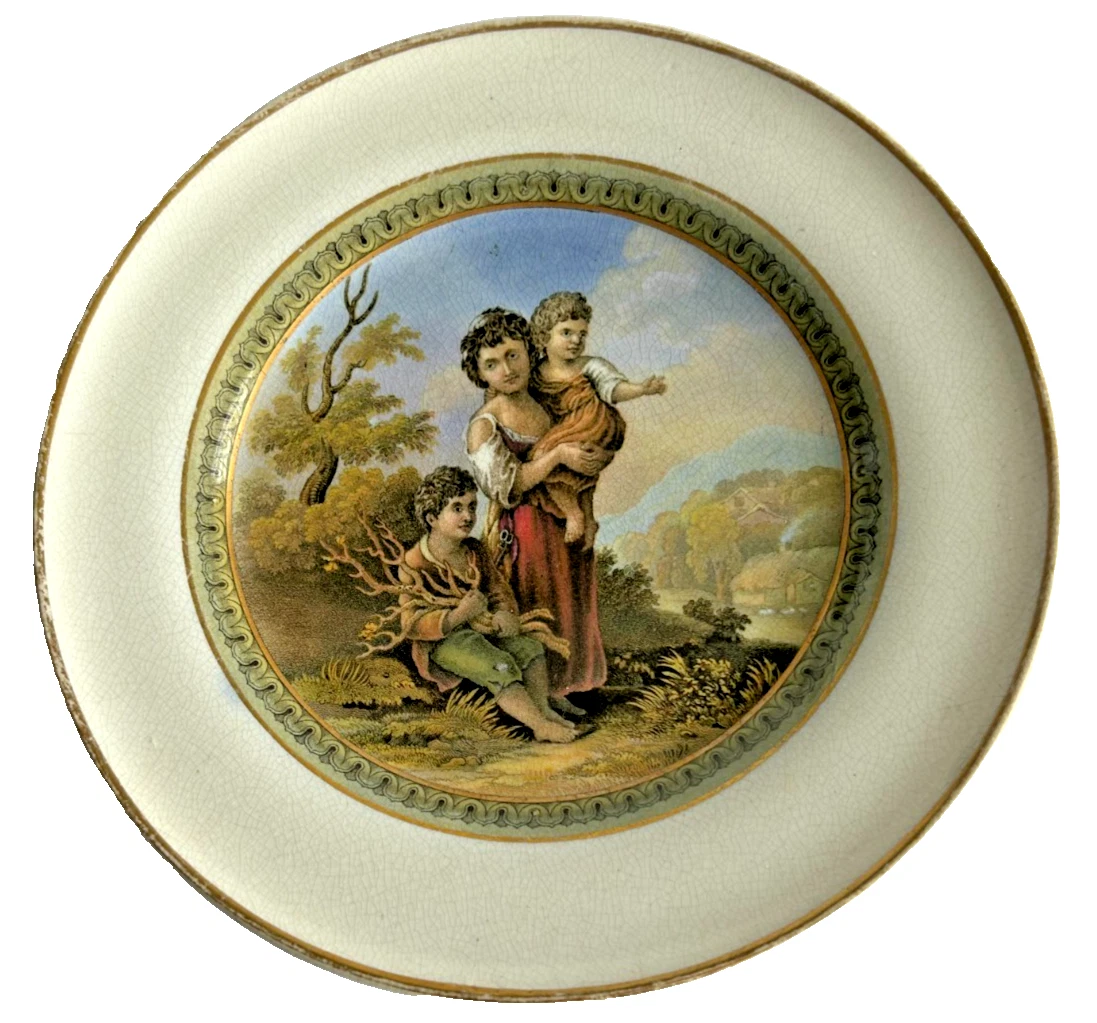 Antique Victorian Prattware ceramic plate collecting kindling design