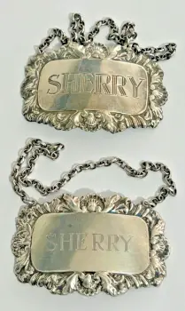 Antique style sterling silver Sherry wine bottle label x 2 Hallmarked 1970s