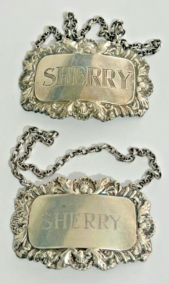 Antique style sterling silver Sherry wine bottle label x 2 Hallmarked 1970s