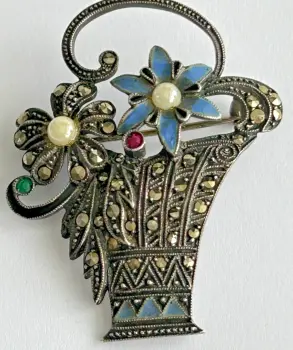 Vintage sterling silver Art Deco Garnet Marcasite Pearl Basket Enamel brooch pin