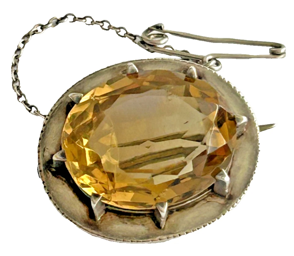Antique Victorian with large yellow faceted Citrine sterling silver brooch