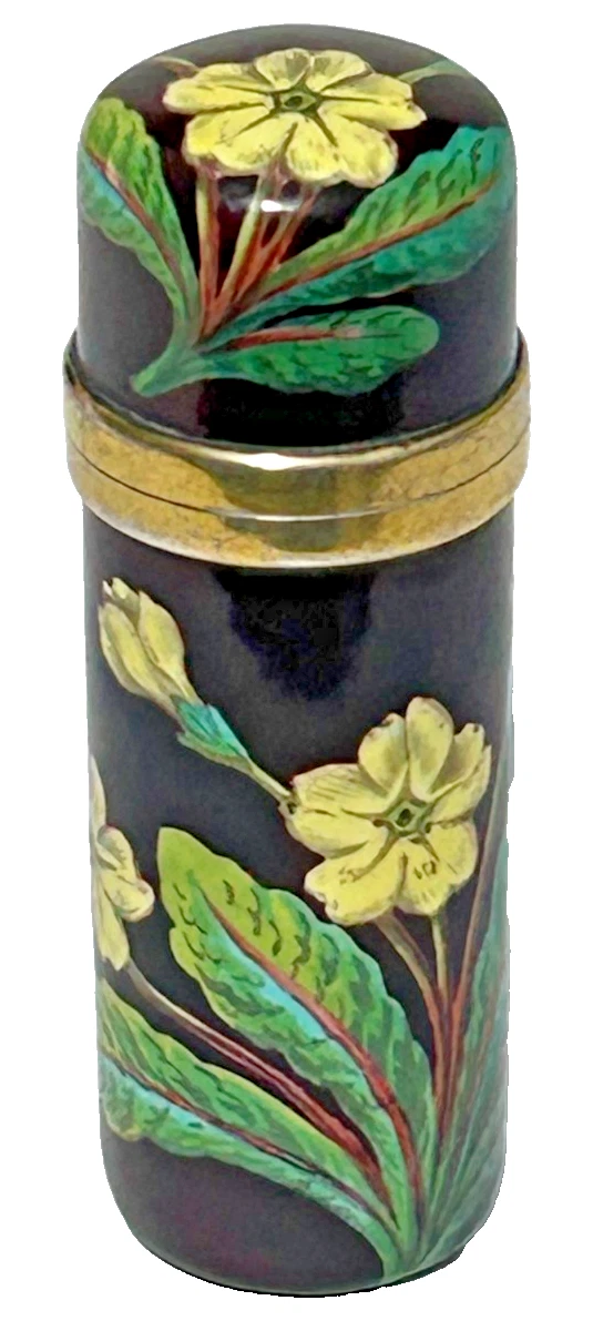 Antique sterling silver gilt enamel enamelled Primrose perfume scent bottle