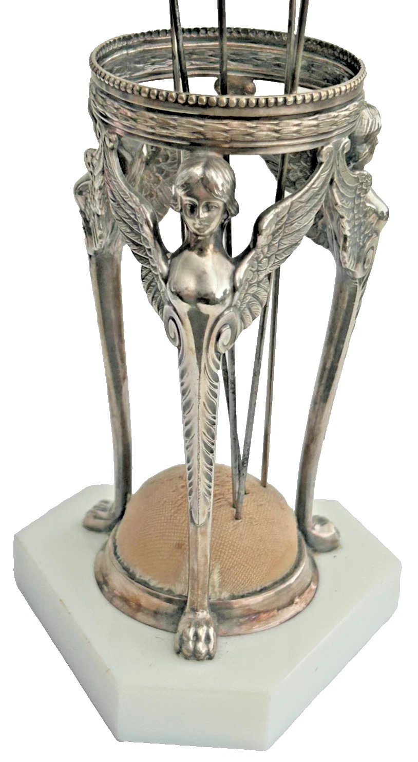 Antique silver plate hat pin holder 3 winged angels original pin cushion