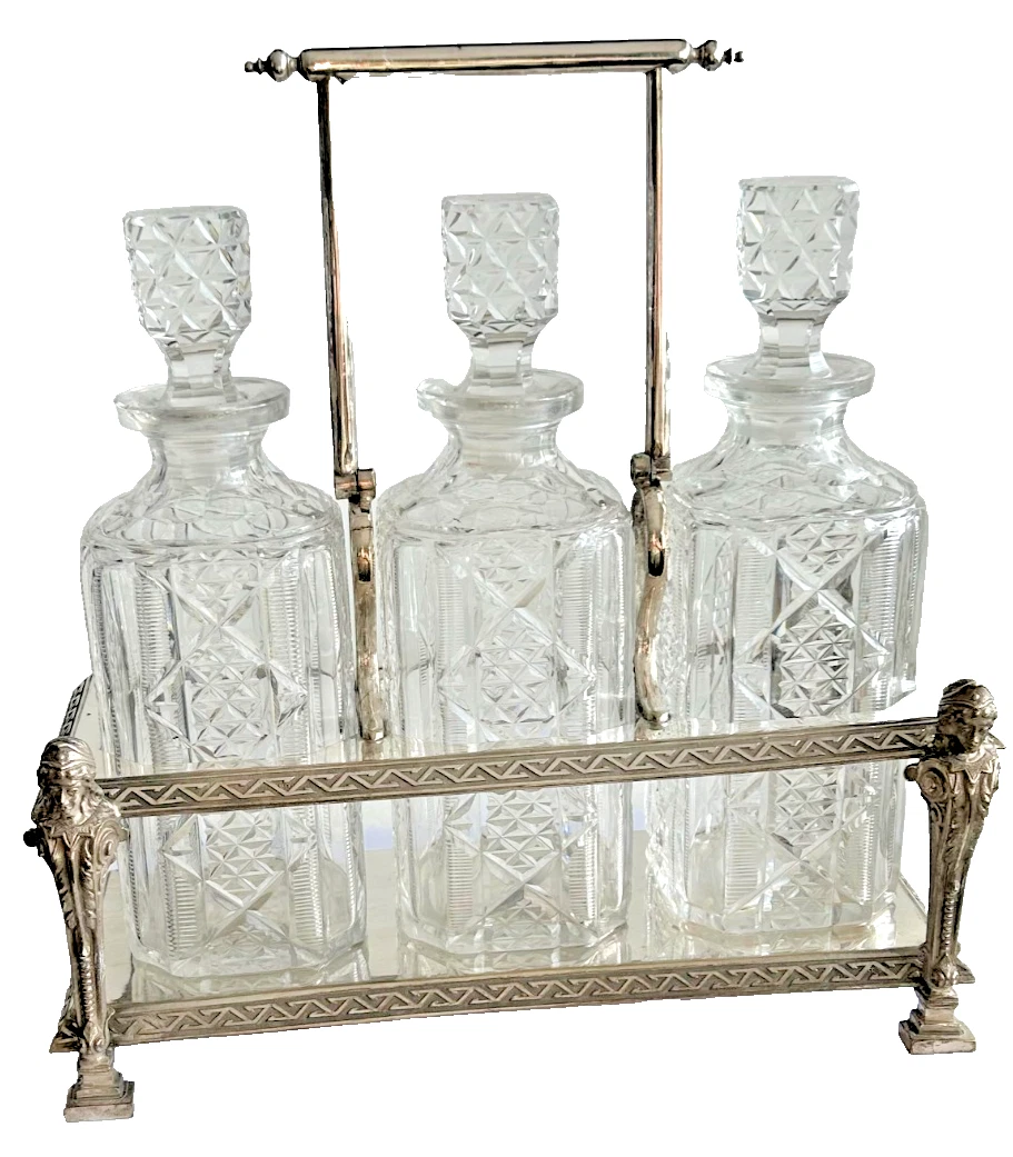 Antique Victorian silver plated Neoclassical 3 cut glass decanter tantalus