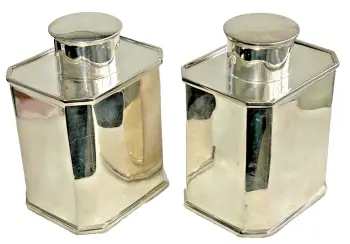 Antique silver plated Tea Caddy pair by Charles Desprez Bristol sliding tops