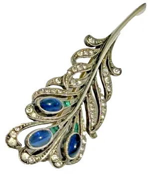Antique Art Deco sterling silver 935 paste feather brooch pin Cabochon