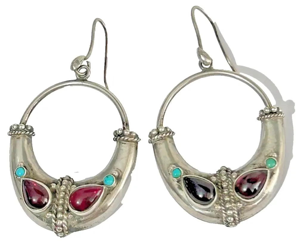 Hippie Boho garnet turquoise sterling silver dangle earrings