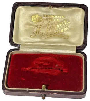 Antique fitted brooch jewellery display box red velvet silk H James Godalming
