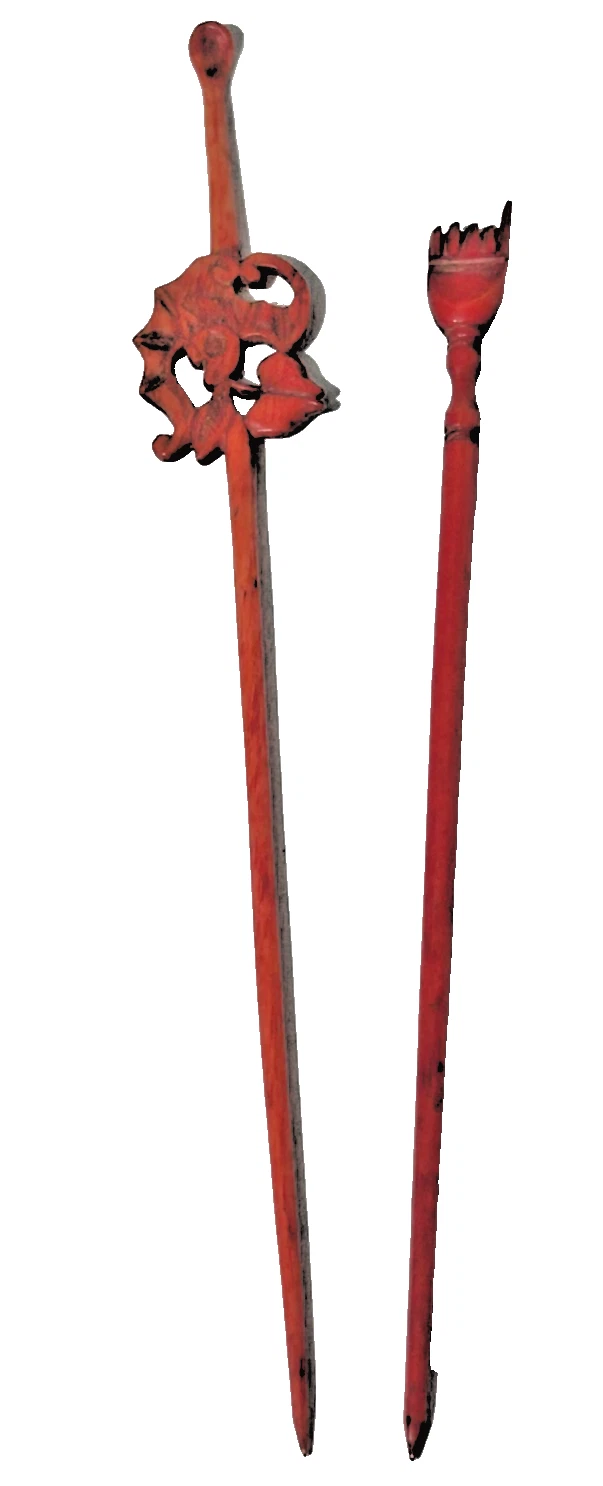 Antique Japanese or Chinese red carved hair pins