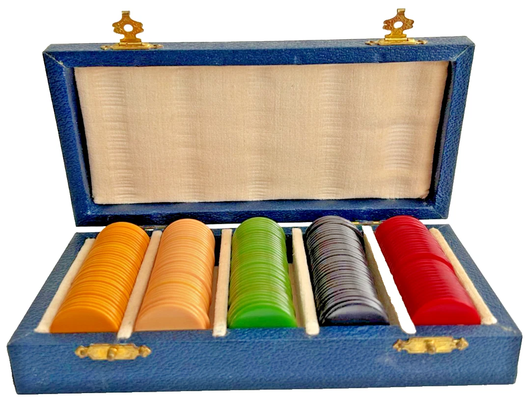 Antique vintage box of Jaques of London gaming chips betting counters