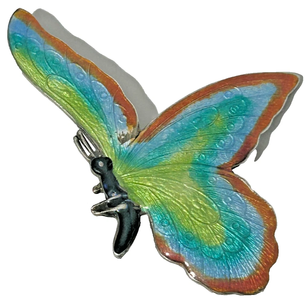 Vintage enamel enamelled sterling silver butterfly brooch pin