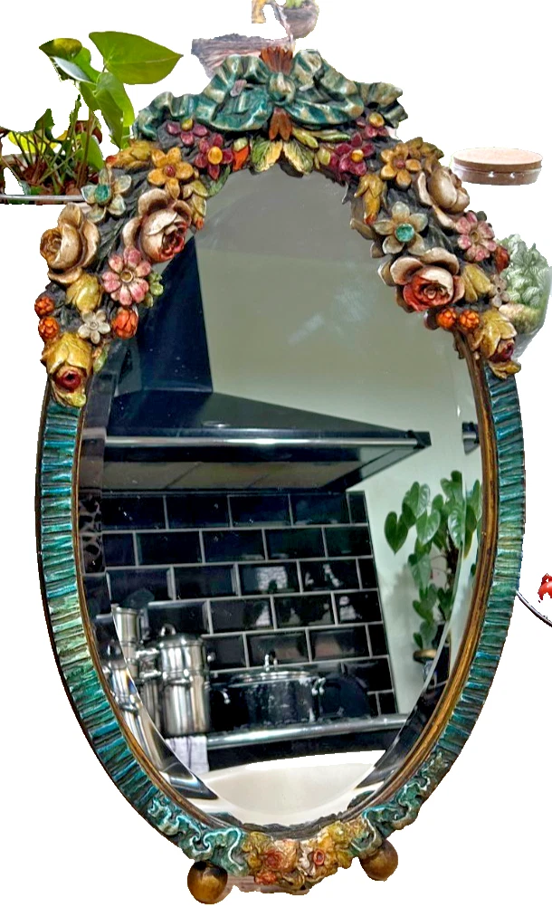 Vintage large barbolla flowers mirror freestanding floral ribbons roses