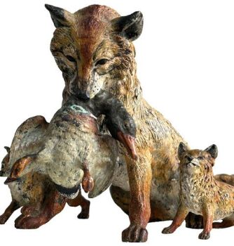 Antique 19th century Austrian cold painted bronze fox cubs duck