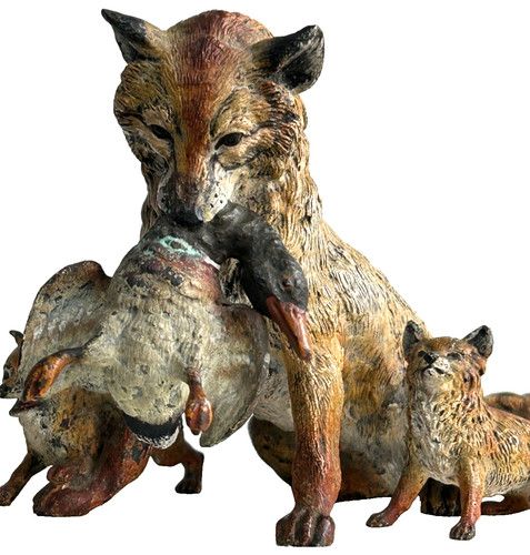 Antique 19th century Austrian cold painted bronze fox cubs duck