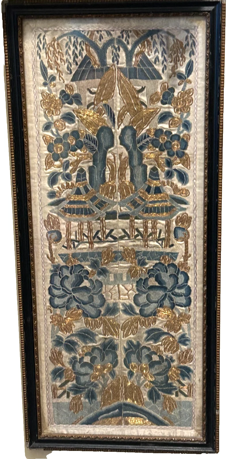 Antique pair of Chinese embroidered sleeve panels gold thread framed