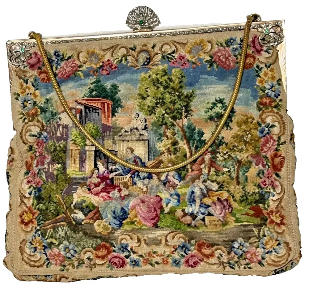 Antique needlepoint petit point figural purse marcasite clasp