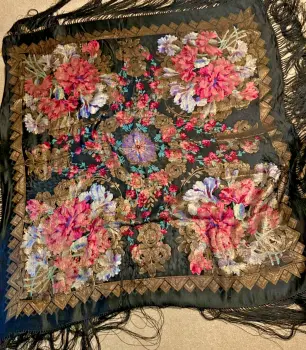 Antique 1920s flapper silk shawl gold lame thread vibrant floral design