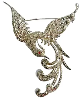 Vintage sterling silver Bird of Paradise brooch Pin Sparkling Marcasite Stones