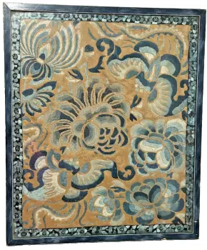Antique Chinese embroidered panel gold thread framed flowers butterflies