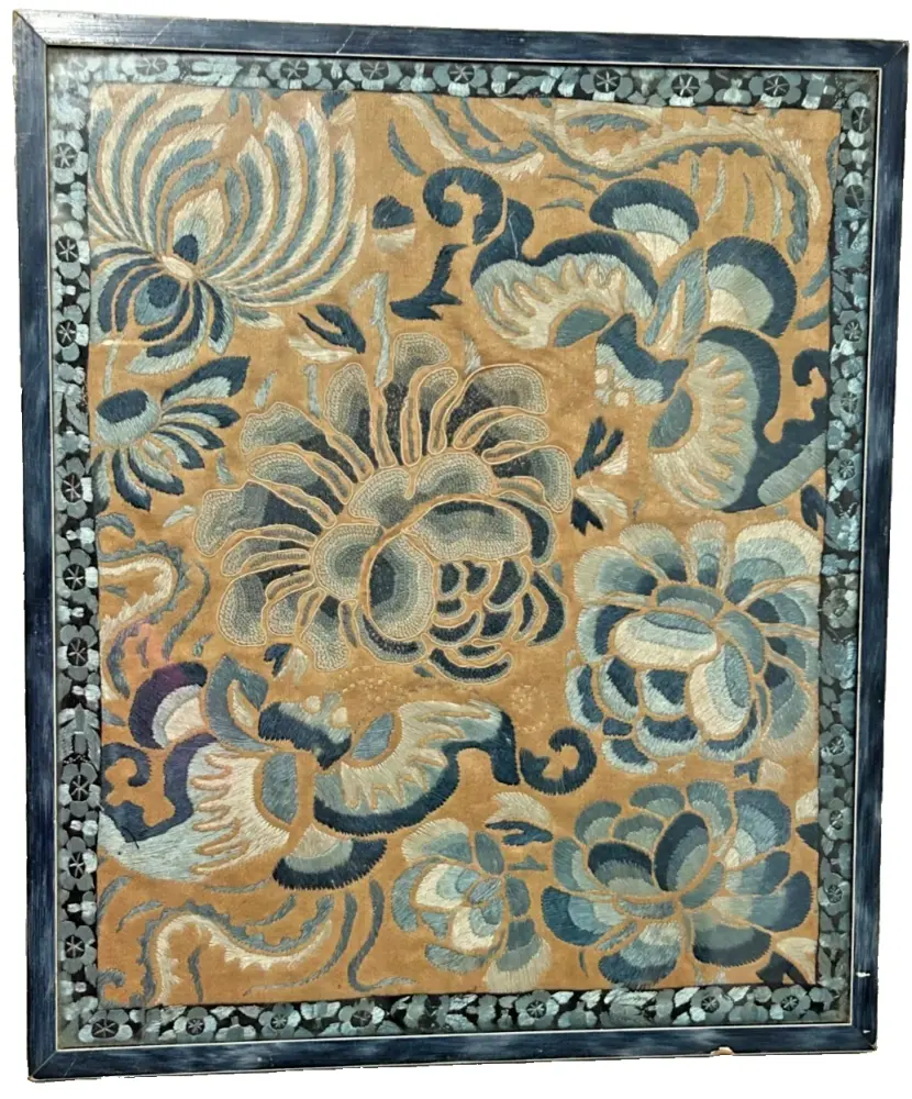 Antique Chinese embroidered panel gold thread framed flowers butterflies