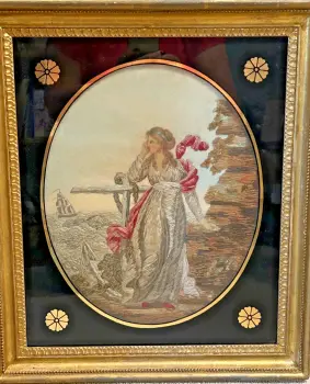 Antique needlepoint embroidery on painted silk picture gold black glass mount