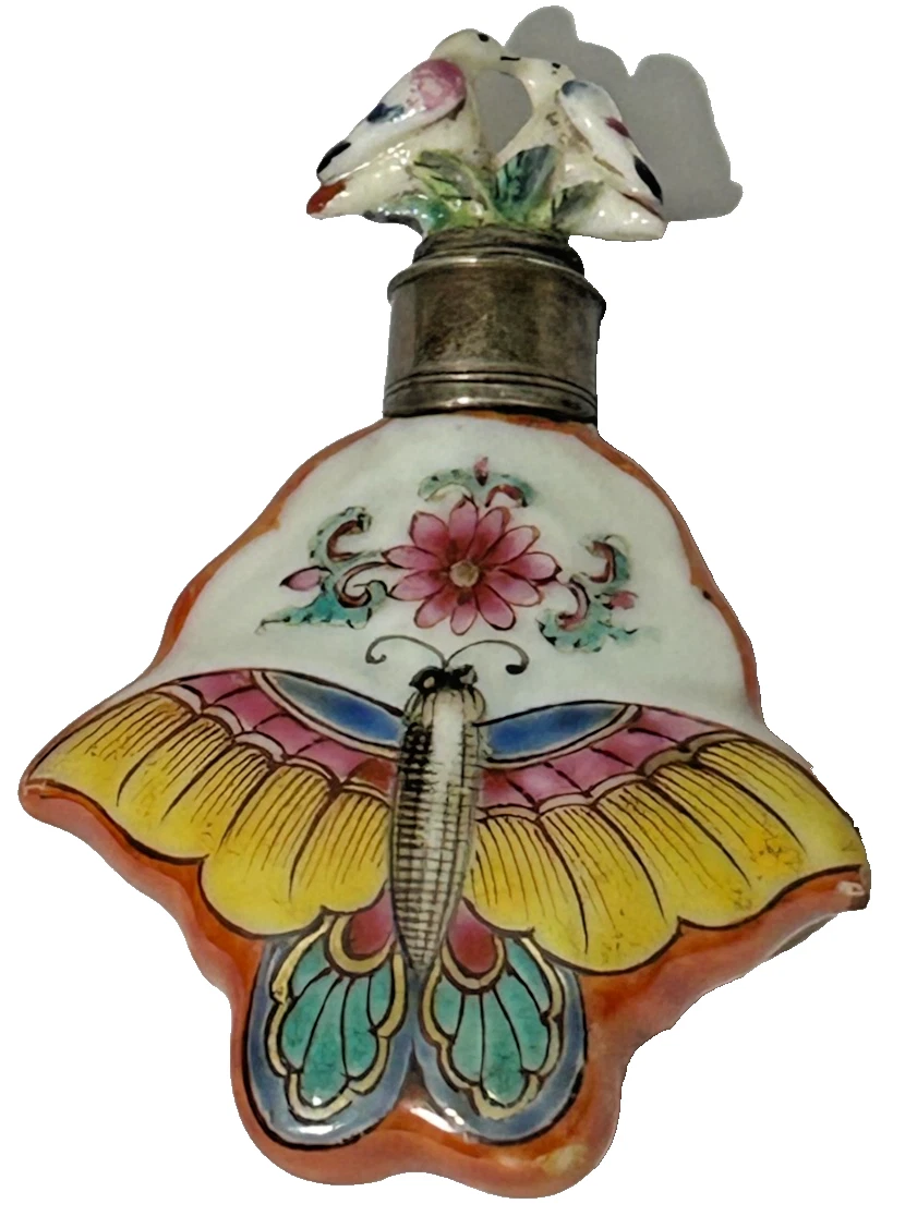 Antique Victorian scent perfume bottle Chinese butterfly double bird stoppe