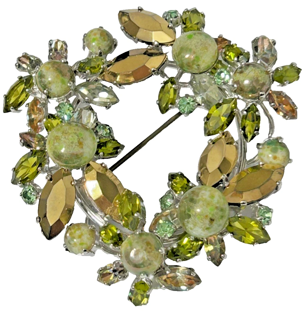 Vintage green rhinestone wreath brooch pin signed Christian Dior C1958