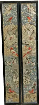 A pair of Antique Chinese embroidered sleeve panels very fine birds bird design