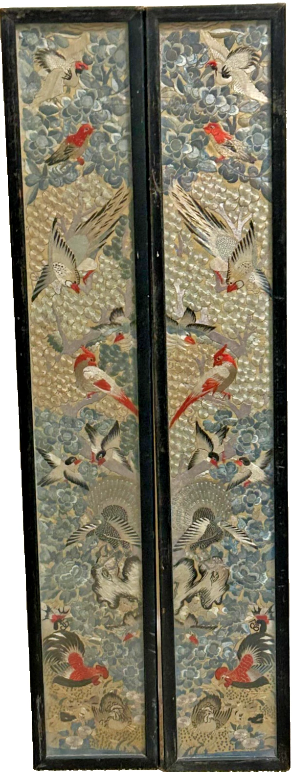 A pair of Antique Chinese embroidered sleeve panels very fine birds bird de