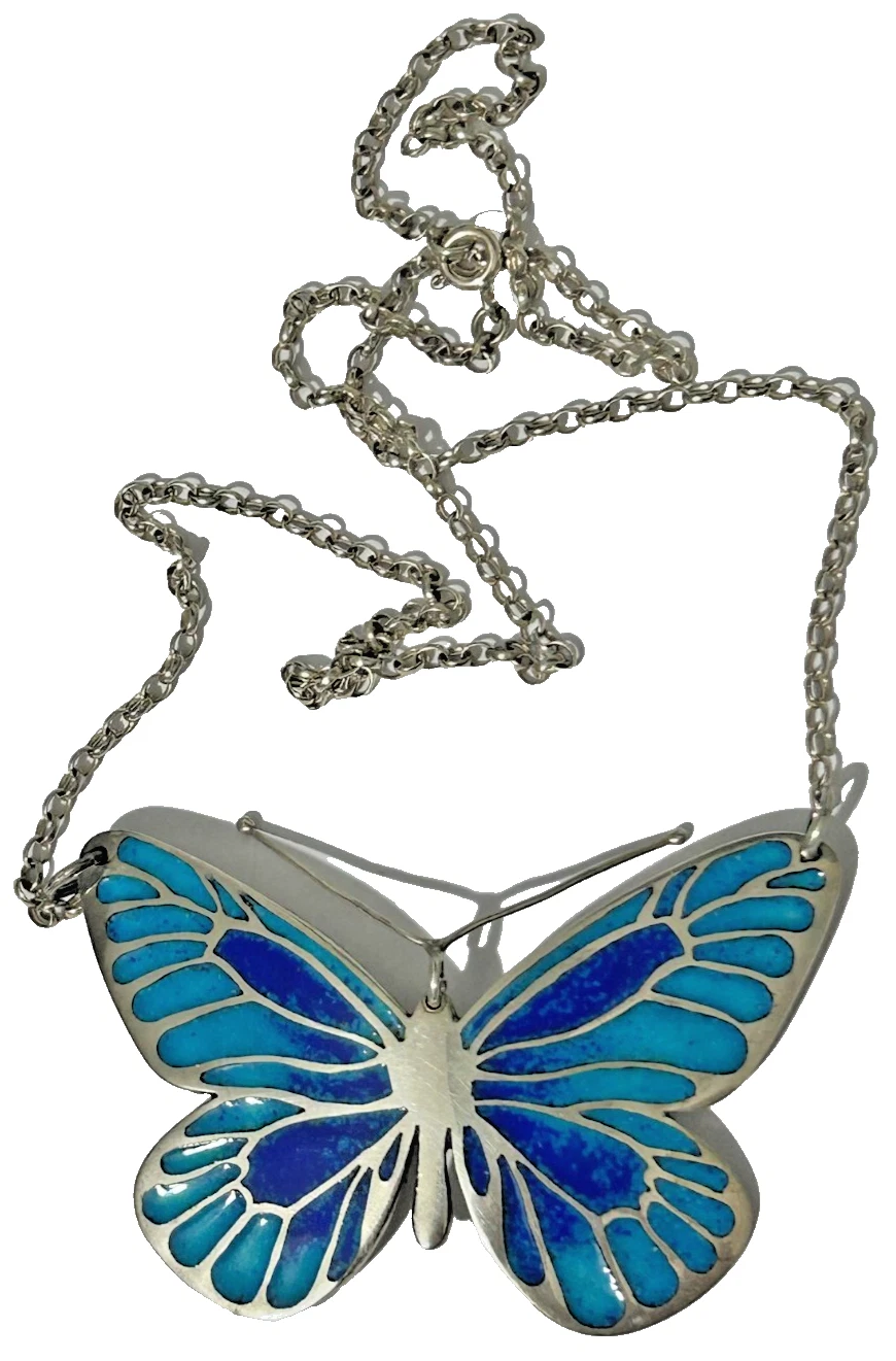 Vintage Sterling silver butterfly enamel necklace pendant Hallmarks 1976