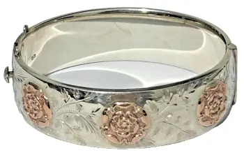 Vintage sterling hallmarked silver bangle bracelet rose gold decoration 1964
