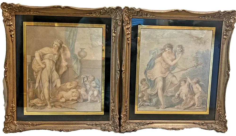 Antique Georgian Bertolozzi prints Comedy Tragedy original frames cherubs