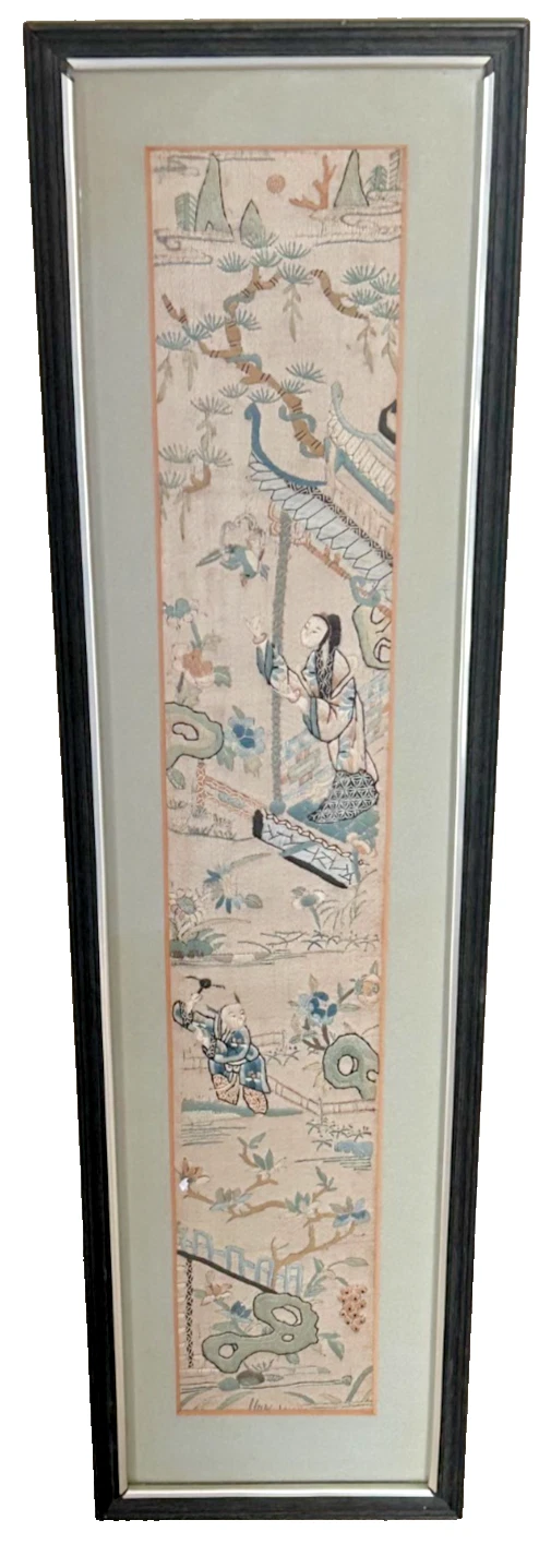 Antique Chinese embroidered sleeve panel silk thread framed