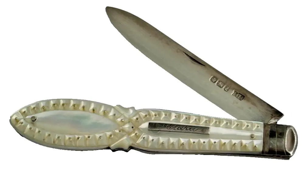 Antique Victorian apple peeler C1892 sterling silver mother of Pearl Clara