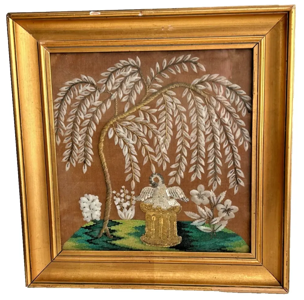 A Antique Georgian embroidered panel gold thread swan willow tree framed