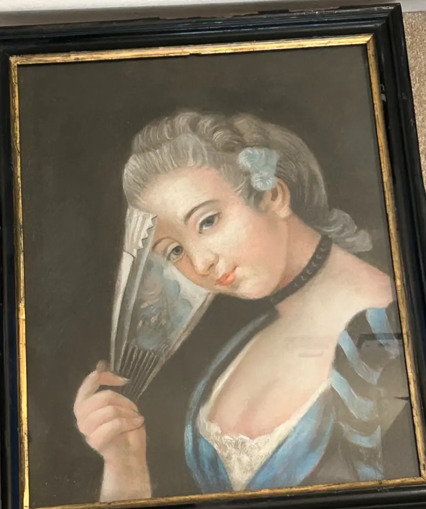 Antique Georgian pastel painting lady with fan after Pietro Antonio Rotari