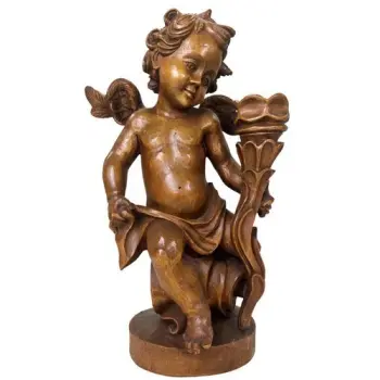 An Antique carved solid wood wooden winged cherub putti candle holder