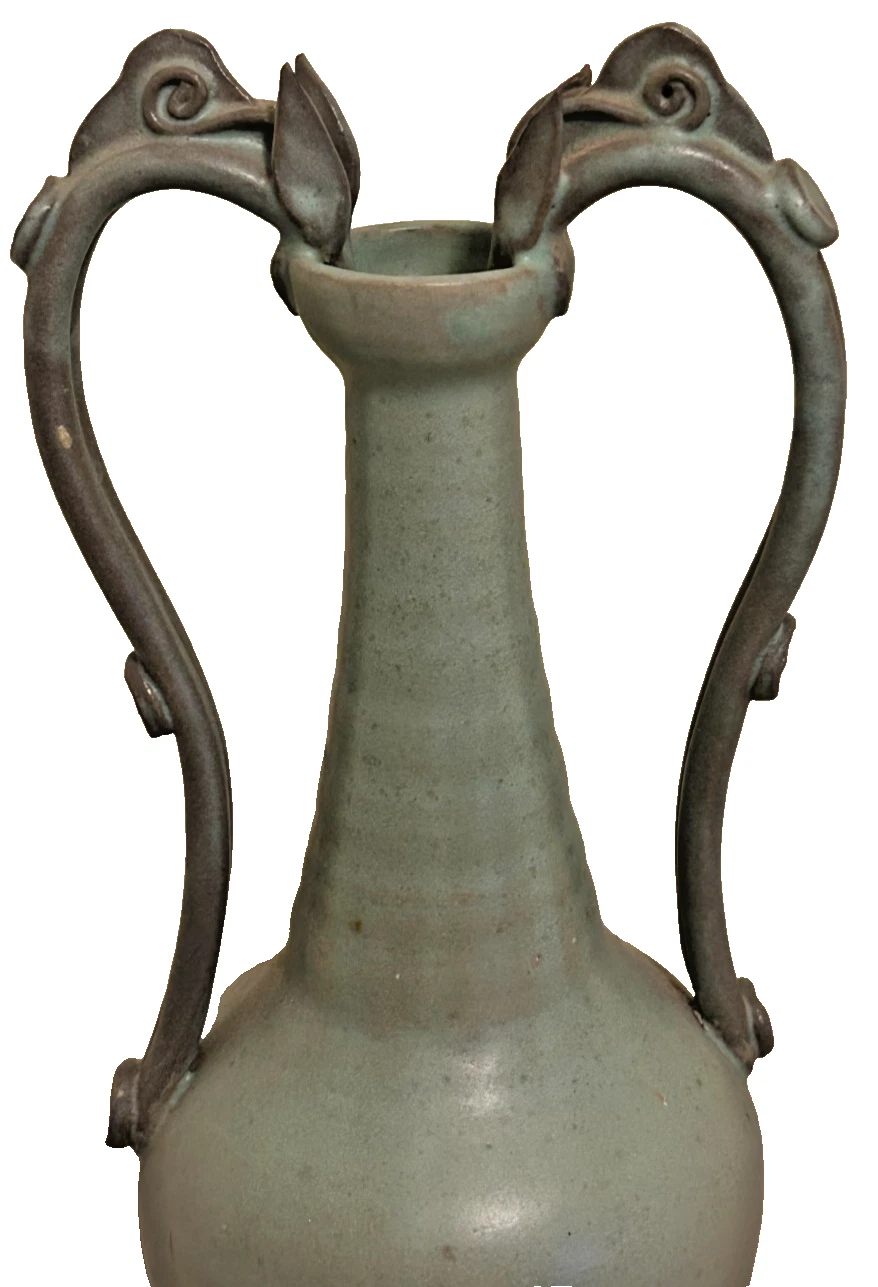 Chinese Song dynasty style celadon ceramic double dragon 2 twin handle vase