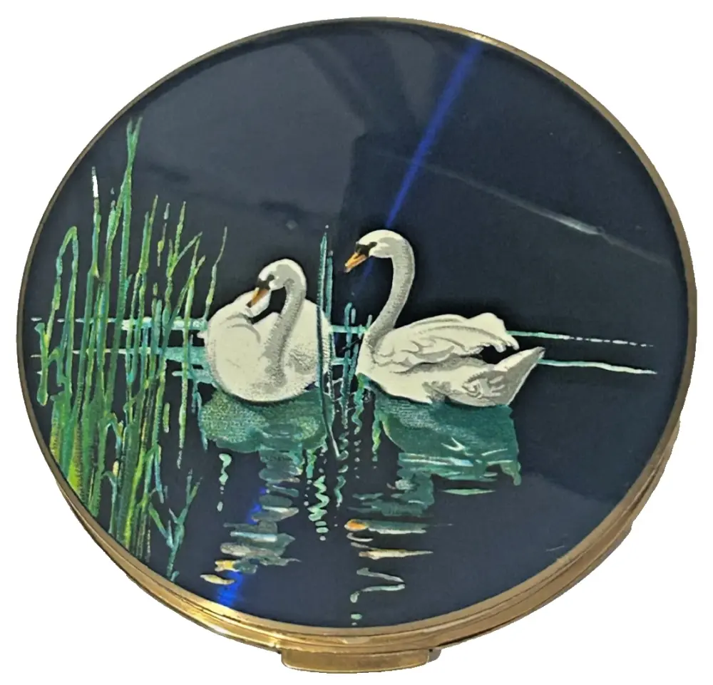 Vintage enamel enamelled powder compact swans by Stratton
