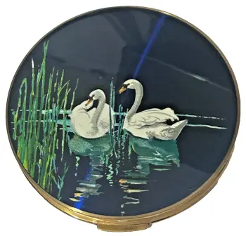 Vintage enamel enamelled powder compact swans by Stratton