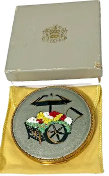 A Vintage Grey Evans Flower Cart Powder Compact Enamelled pouch & box