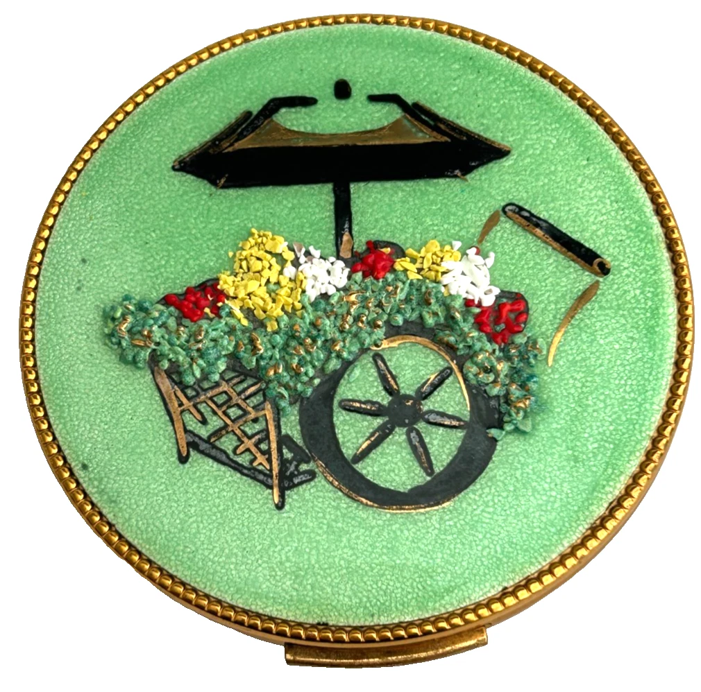 Vintage green enamel Evans Powder Compact Flower Cart