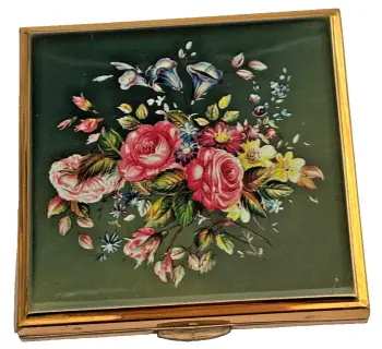 Vintage powder compact Kigu floral bouquet enamelled metallic olive green