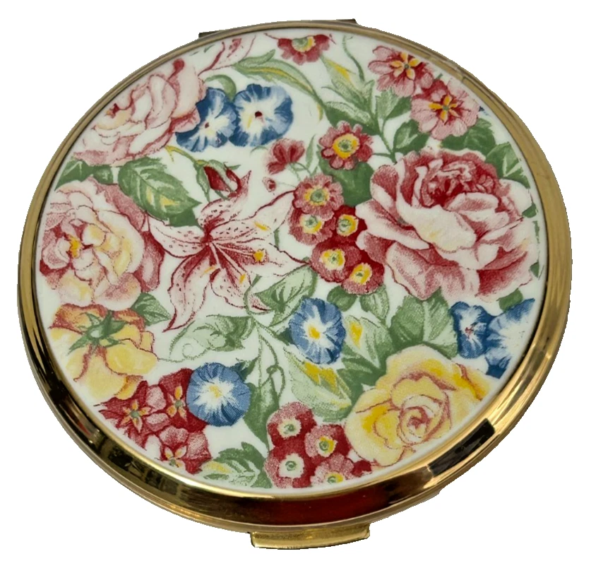 Vintage powder compact Stratton gold tone chintz design
