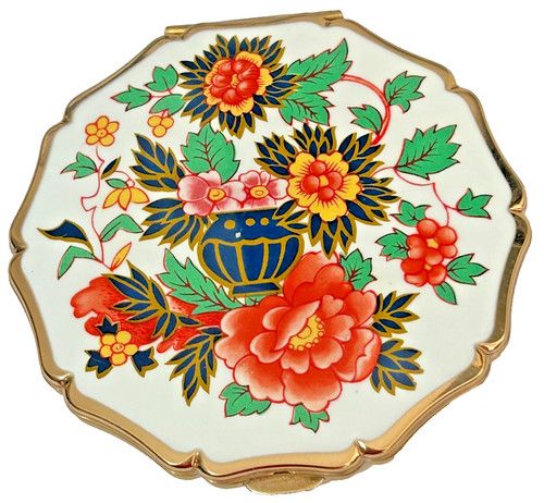 Vintage Stratton Enamel Enamelled Imari Vase Powder Compact Scalloped Edge