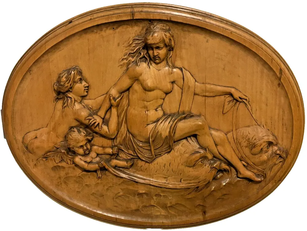 Antique carved wood wooden large plaque sea nymphs cherub putti